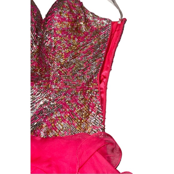 Sherri Hill Fuchsia Sequinned Bodice Ruffle Mini Dress Size 2 - Picture 9 of 9
